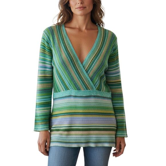 Sigrid Olsen Tops - Sigrid Olsen Fine Knit Tunic Top Size Large Long Sleeve Stripes Green Faux Wrap